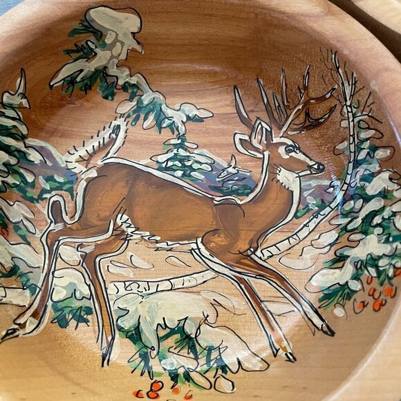 Vintage 50s Wildlife of Birchland Vermont Folk Art Handmade Deer Wood 2 Bowl Set - Picture 3 of 6